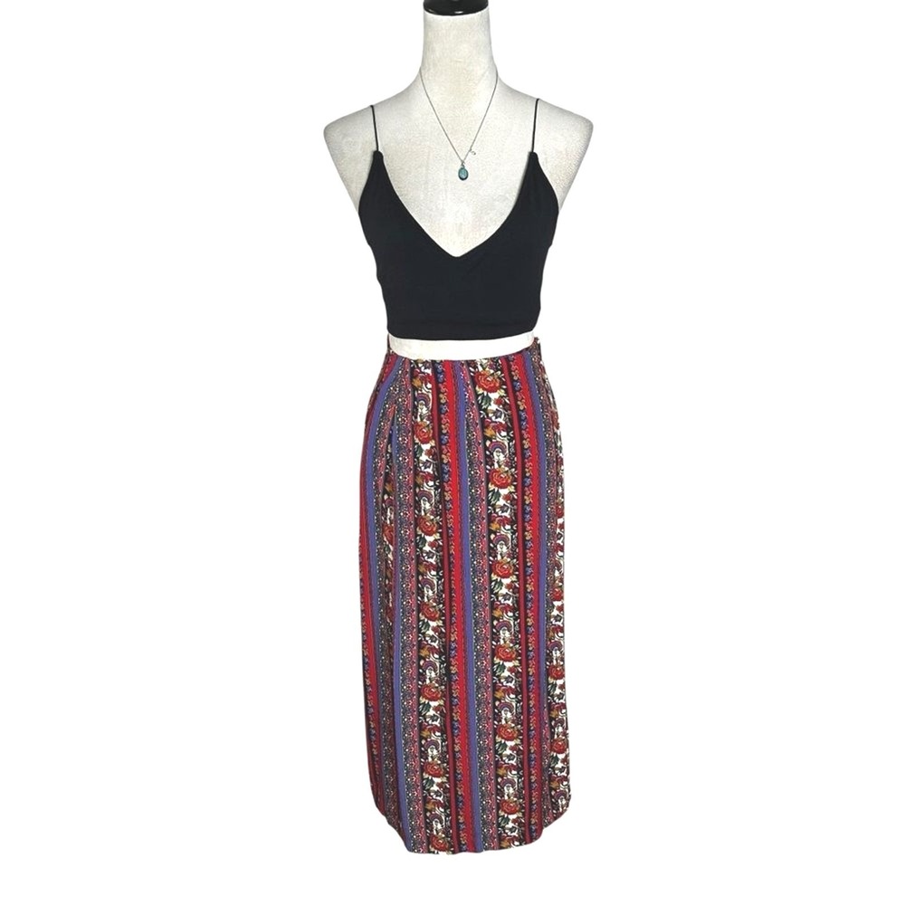 Vintage 90s Floral Striped Retro Boho Maxi Wrap Skirt | Festival Bohemian Folk